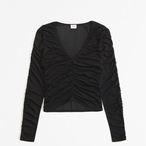 Long-Sleeve Mesh Ruched Top
